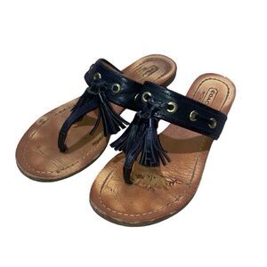 Coach Genuine Leather Black Front Tassel Bohemian Fringe Sandals Flats Shoes 6.5